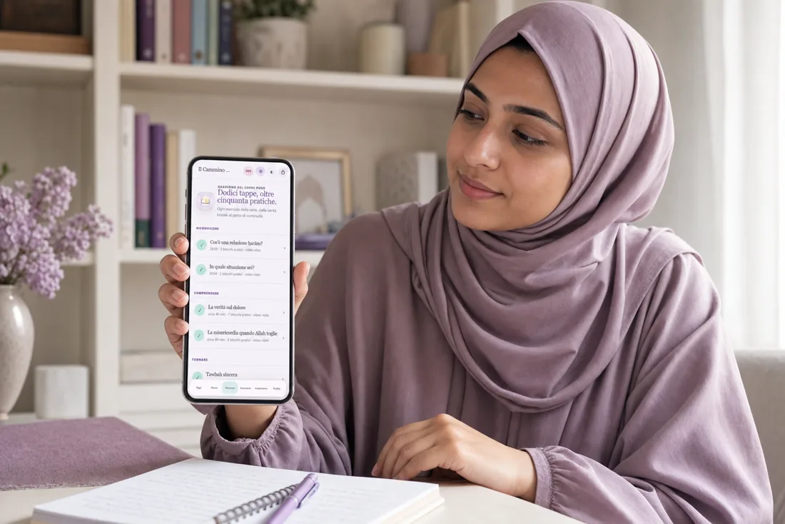 Sorella che mostra nell'app Cuore Puro il percorso collegato alle puntate della masterclass