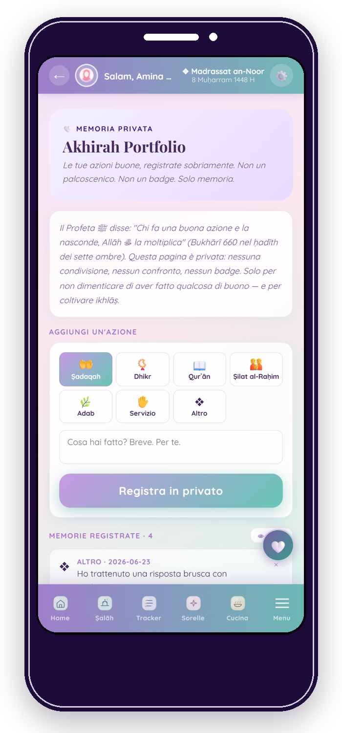 Akhirah Portfolio di Noor Planner per azioni buone private e ikhlāṣ