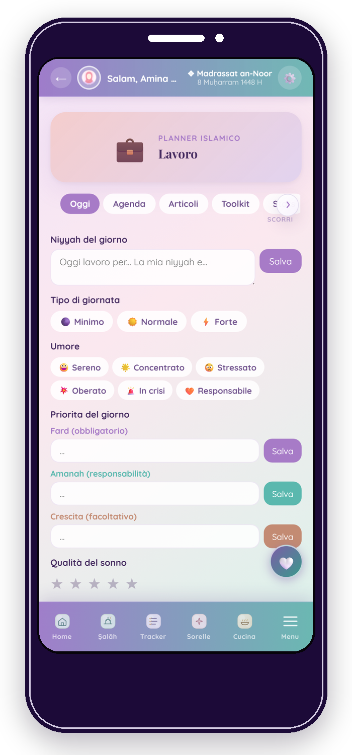 Planner lavoro di Noor Planner con niyyah, priorità e amānah
