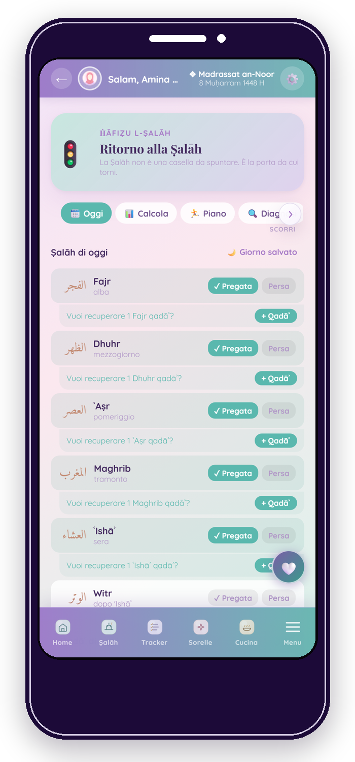 Sezione Ritorno alla ṣalāh di Noor Planner per chi ricostruisce la propria costanza