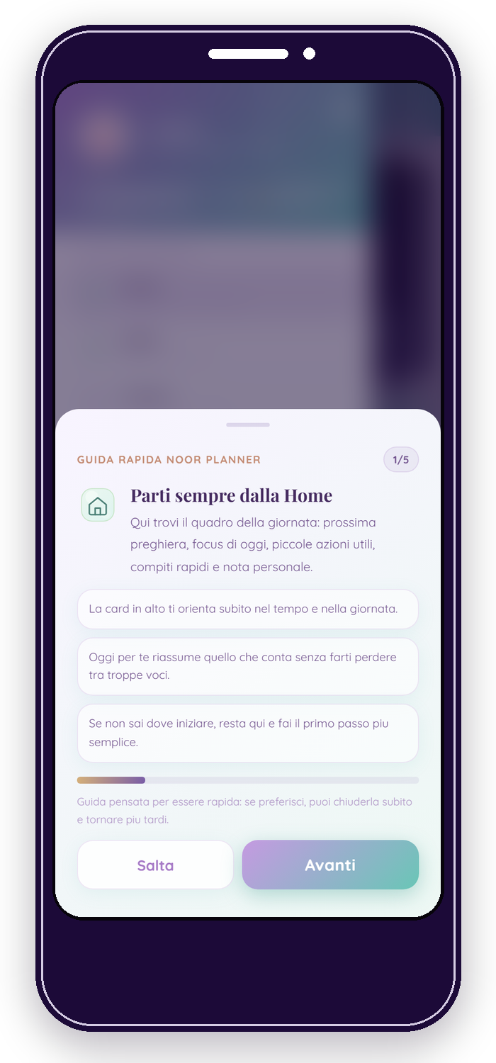 Menu laterale di Noor Planner con panoramica di tutte le sezioni