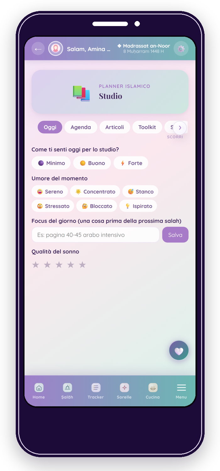 Planner studio islamico di Noor Planner con focus, umore e sonno