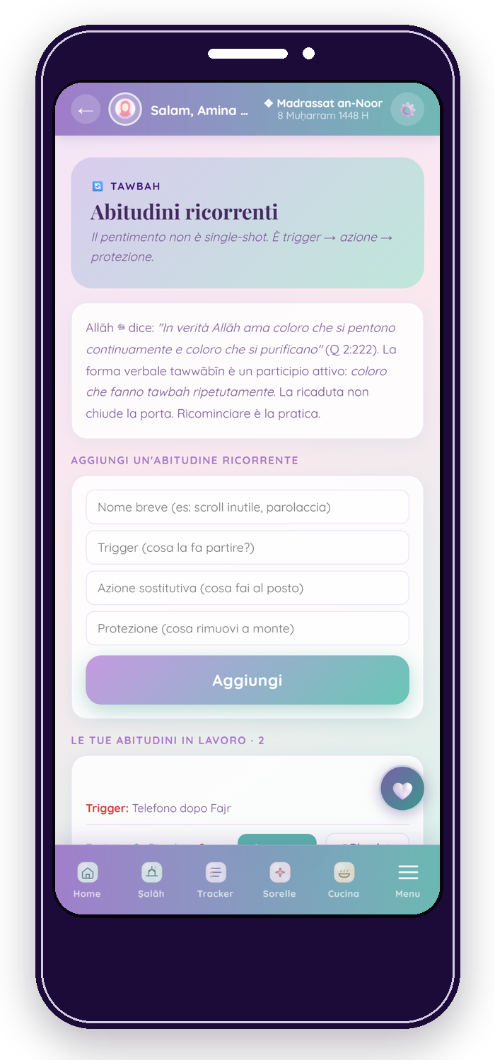 Tawbah ricorrente in Noor Planner con trigger, protezione e ritorno