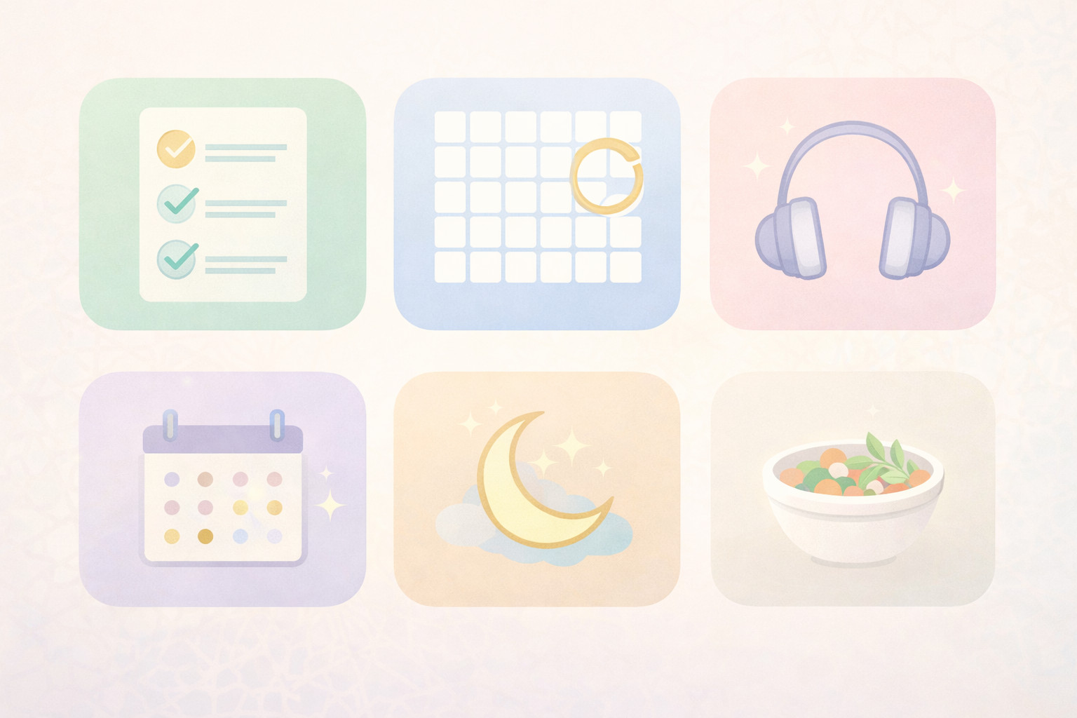 Collage funzioni del Ramadan Planner: tracker, khatm, audio, calendario, tahajjud, cucina