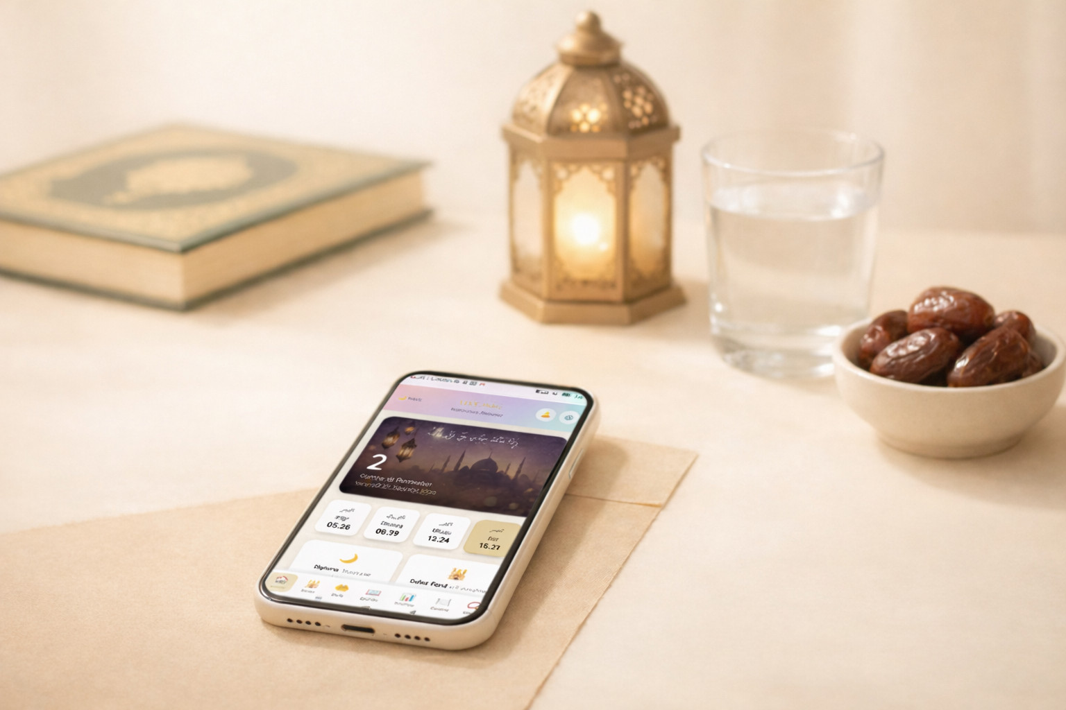 Smartphone con Ramadan Planner in stile Madrassat an-Noor, atmosfera di sakīnah
