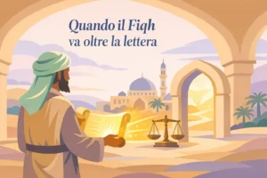Dal rotolo esce una luce dorata morbida che illumina la scena. Accanto al rotolo ci sono due elementi simbolici: • una bilancia (giustizia) • una porta o arco aperto (la comprensione oltre la lettera) Questo comunica immediatamente il tema dell’articolo: la legge non applicata meccanicamente, ma compresa con saggezza