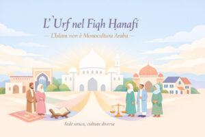 Una composizione simbolica che rappresenta la diversità culturale nell’unità islamica. Al centro, una grande moschea stilizzata luminosa (senza dettagli eccessivi), simbolo della sharīʿah e dell’unità. Attorno alla moschea, in modo elegante e bilanciato, diversi elementi culturali stilizzati e armonizzati: – architetture leggere ispirate a diverse regioni (arco ottomano, cupola indiana, casa nordafricana, struttura europea semplice) – figure umane stilizzate, modeste, senza volto definito, con abiti islamici vari (diversi colori pastello, diversi stili culturali) – piccoli dettagli simbolici: tappeto, libro, bilancia leggera (giustizia), strada che converge verso il centro Tutti gli elementi convergono verso la moschea centrale, a indicare unità nella diversità. Sfondo: cielo chiaro con luce diffusa dorata, atmosfera di sakīnah.