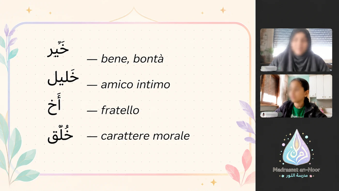Lezione online Madrassat an-Noor Kids con alfabetizzazione araba e adab