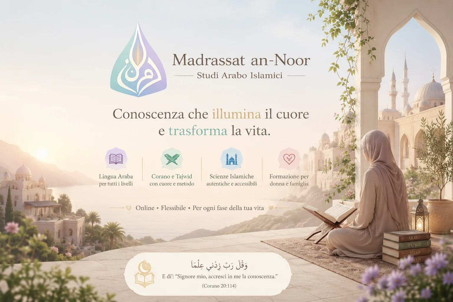 Copertina Link in Bio di Madrassat an-Noor con paesaggio luminoso e studi arabo islamici