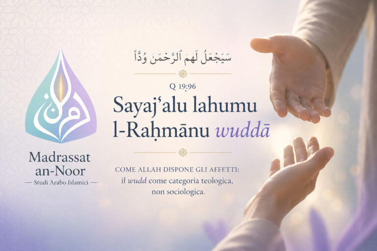 Immagine in evidenza per un articolo islamico su Q 19:96, con il logo di Madrassat an-Noor, il versetto “Sayajʿalu lahumu l-Raḥmānu wuddā” e due mani illuminate che richiamano l’affetto e la benevolenza posti da Allah nei cuori.
