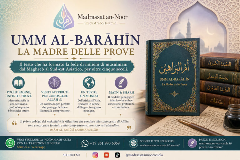 Cover editoriale in stile Madrassat an-Noor dedicata alla Umm al-Barāhīn di Imām al-Sanūsī, con libri classici di ʿaqīdah, manoscritto arabo, logo Madrassat an-Noor e palette pastello spirituale.