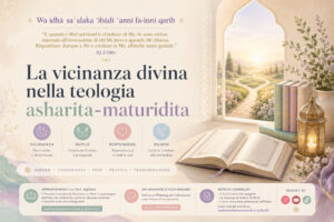 Immagine editoriale in stile Madrassat an-Noor sul versetto “Wa idhā saʾalaka ʿibādī ʿannī fa-innī qarīb” di Sūrat al-Baqarah 2:186, dedicata alla vicinanza divina nella teologia asharita-maturidita.