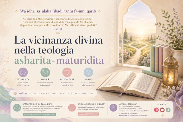 Immagine editoriale in stile Madrassat an-Noor sul versetto “Wa idhā saʾalaka ʿibādī ʿannī fa-innī qarīb” di Sūrat al-Baqarah 2:186, dedicata alla vicinanza divina nella teologia asharita-maturidita.