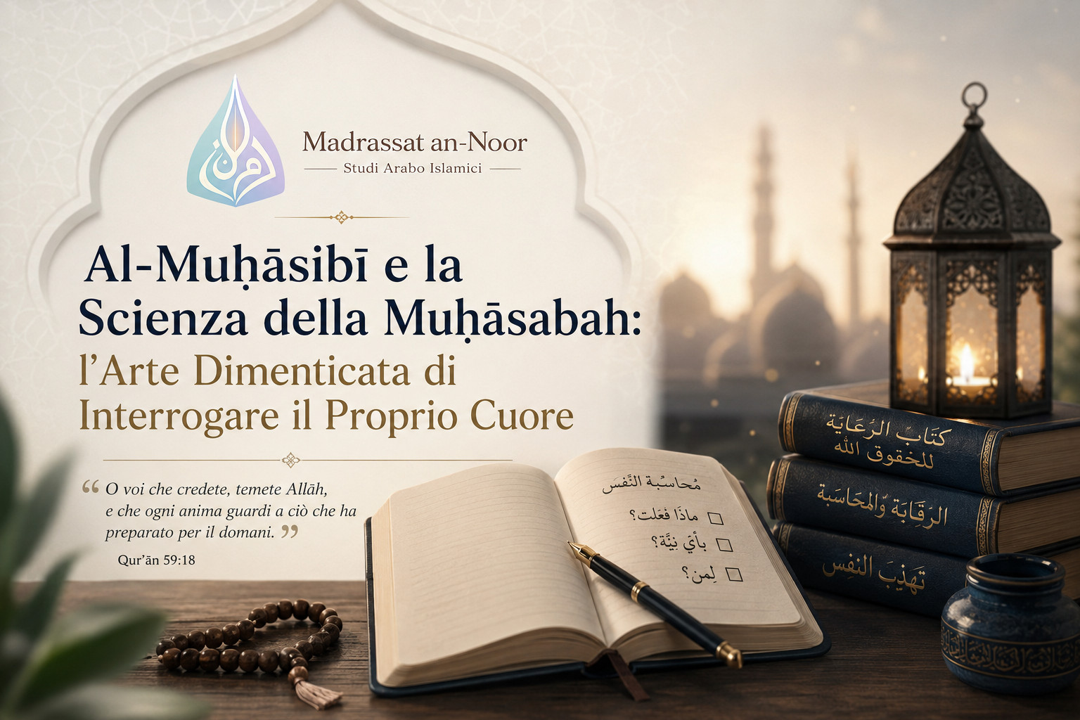 Copertina dell’articolo “Al-Muḥāsibī e la Scienza della Muḥāsabah”, con quaderno aperto, penna, libri islamici, lanterna luminosa e il logo Madrassat an-Noor in stile pastello spirituale.