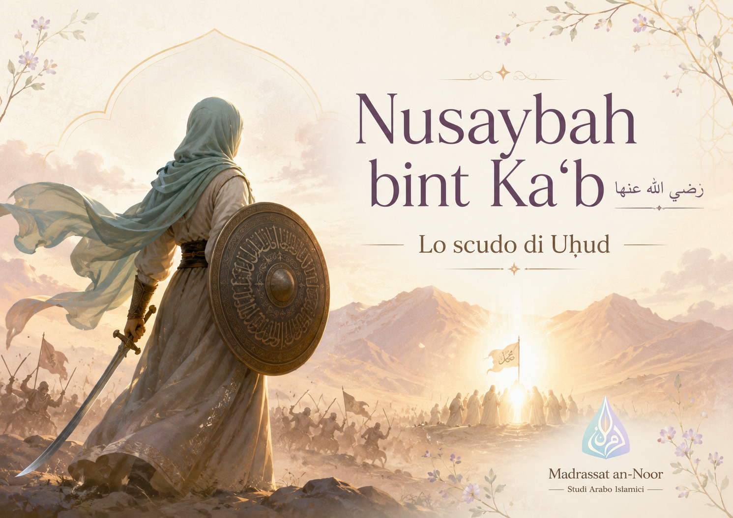 Illustrazione in stile Madrassat an-Noor di Nusaybah bint Kaʿb رضي الله عنها, raffigurata con spada e scudo davanti al campo di Uḥud, simbolo di coraggio, protezione e fedeltà al Profeta ﷺ.