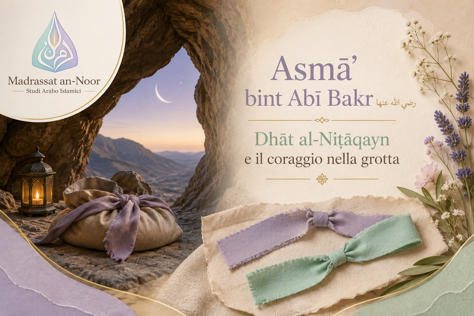 Rappresentazione simbolica della grotta di Thawr con provviste e due fasce di tessuto, dedicate ad Asmāʾ bint Abī Bakr رضي الله عنها, Dhāt al-Niṭāqayn.