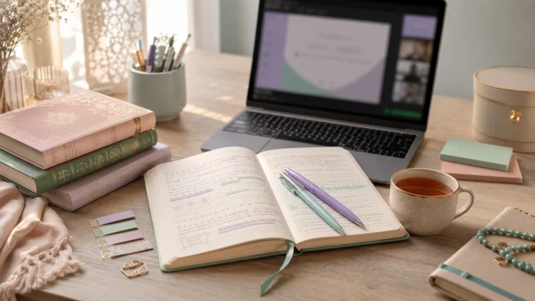 Scrivania con quadernino, libri islamici e lezione online per studiare l’Islam in italiano