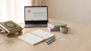 Qur’an su supporto, quaderno e laptop per studiare il Qur’an online in italiano