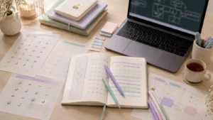 Materiali di arabo, quadernino e laptop per scegliere un corso arabo islamico online