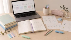 Schede arabe, quaderno e laptop per corsi di Islam online per bambini