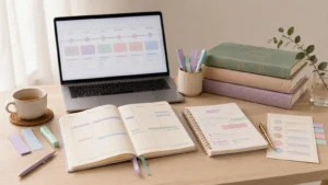 Agenda, laptop e libri islamici per scegliere corsi islamici online per adulti