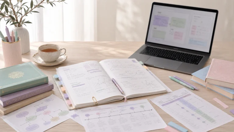 Scrivania con quaderno, laptop e materiali per studiare in una scuola islamica online