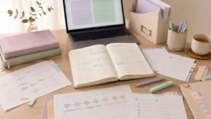 Quaderno, laptop e materiali ordinati per lezioni islamiche personalizzate online