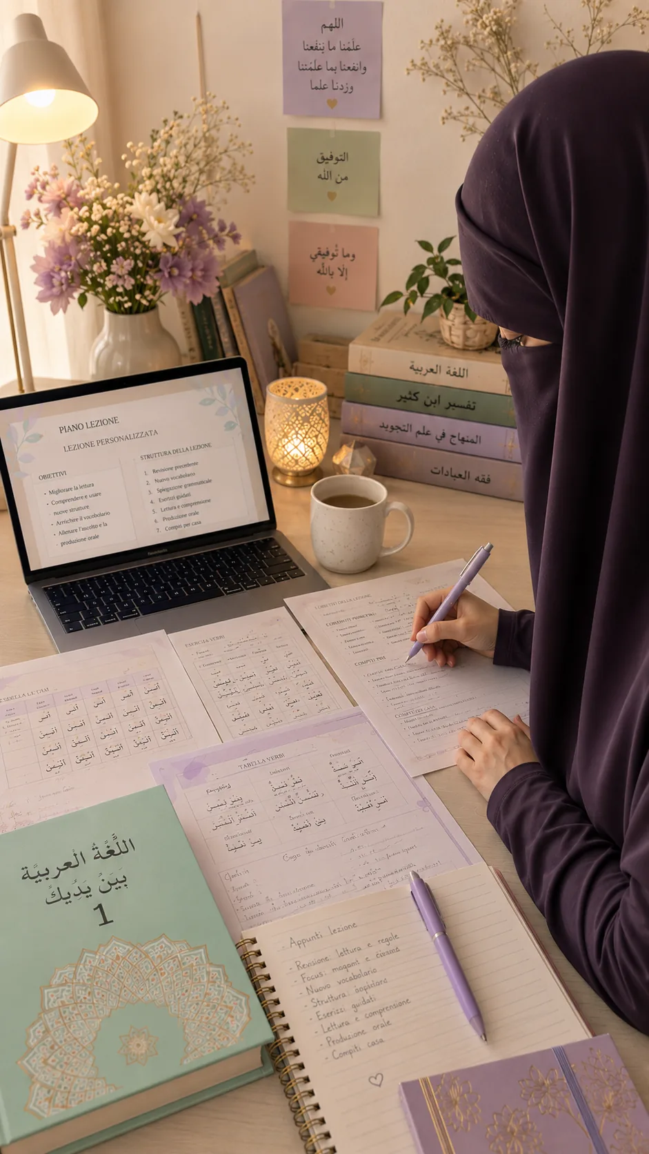 Preparazione di una lezione di studi islamici online con materiali e quaderno