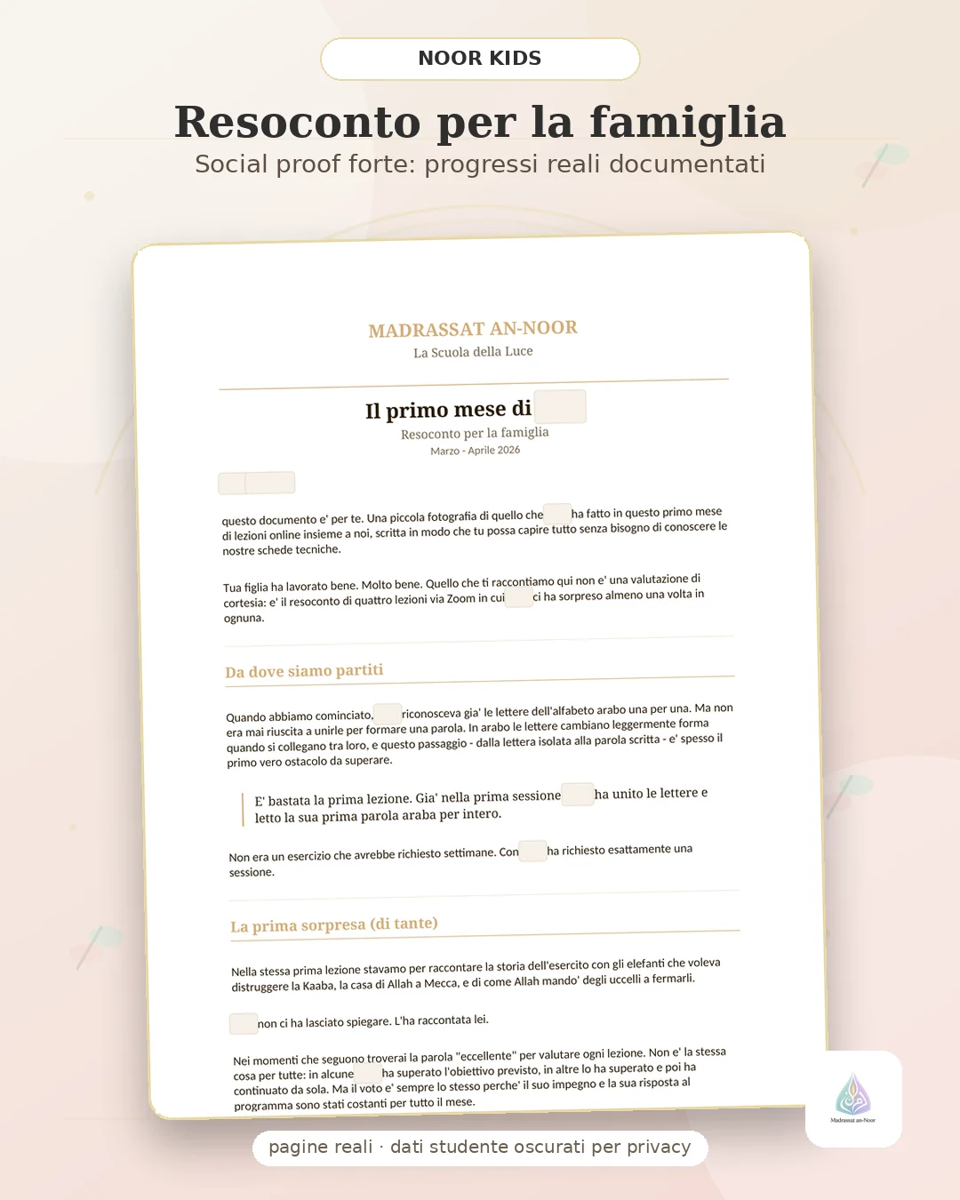 Resoconto dei progressi per una famiglia MaN Kids