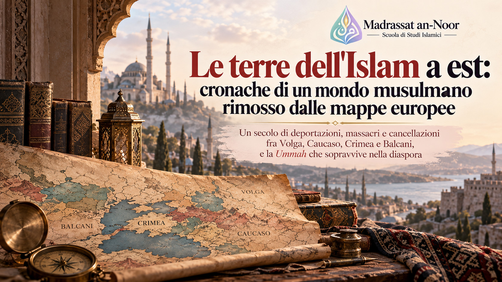 Mappa storica delle terre islamiche tra Volga, Caucaso, Crimea e Balcani, con libri, bussola, architetture musulmane e paesaggio urbano sullo sfondo.