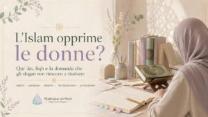 Donna musulmana che studia Qurʾān e testi di fiqh per un approfondimento sui diritti delle donne nell'Islam
