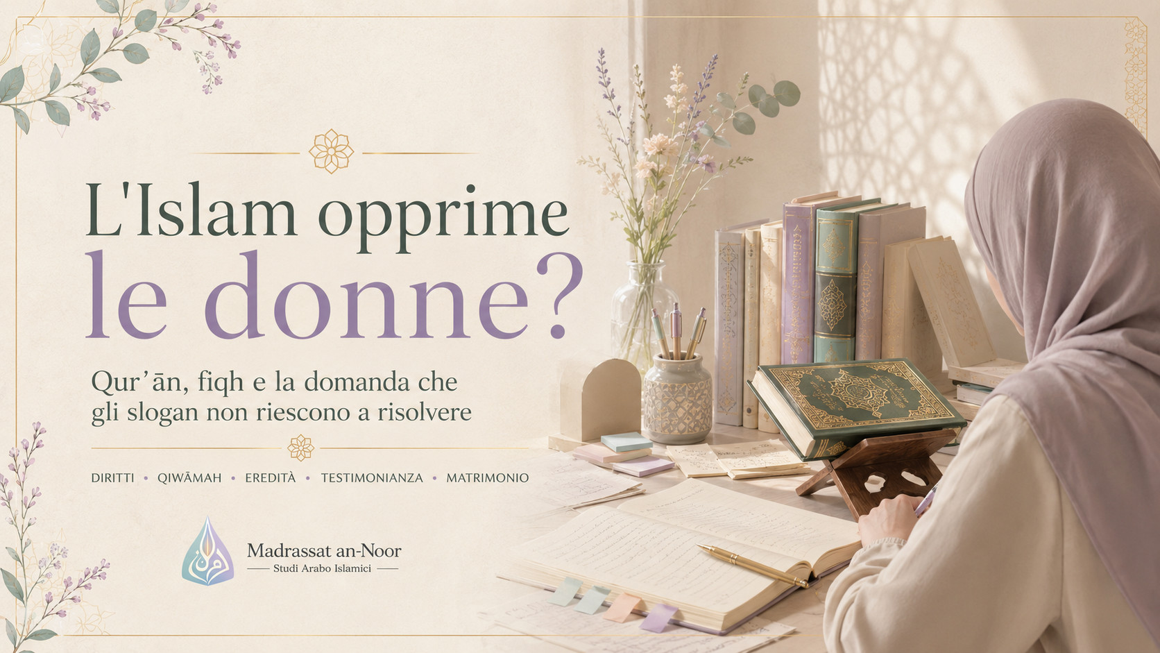 Donna musulmana che studia Qurʾān e testi di fiqh per un approfondimento sui diritti delle donne nell'Islam