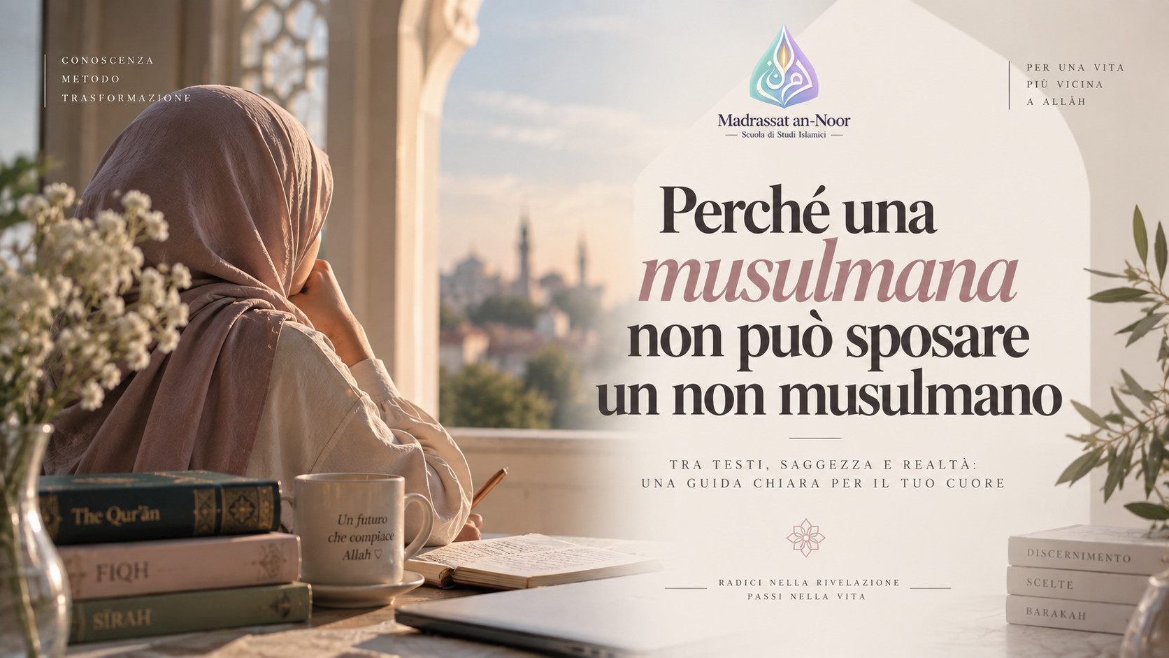 Donna musulmana in ḥijāb davanti a una moschea al tramonto, copertina dell’articolo “Perché una musulmana non può sposare un non musulmano”.