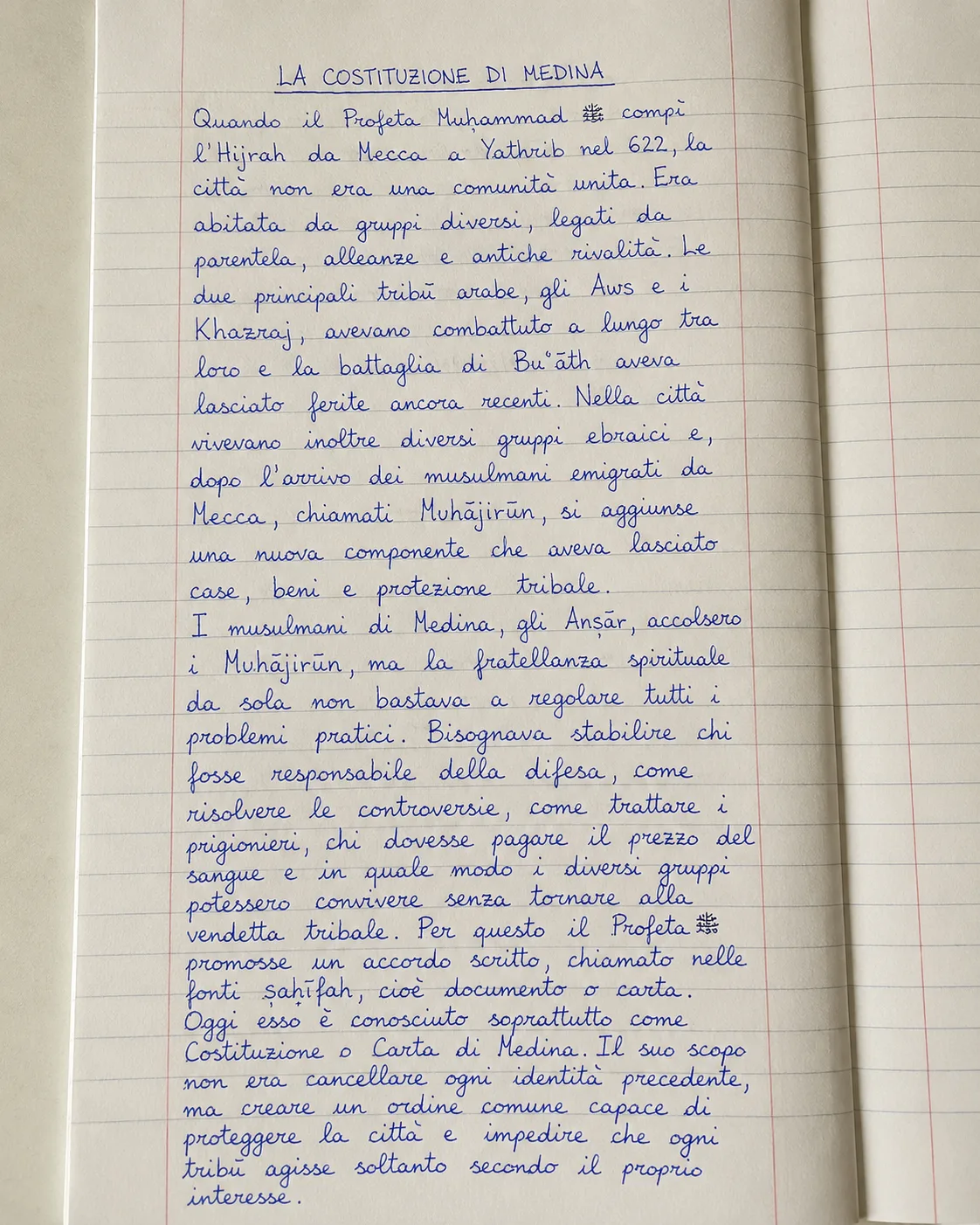 Elaborato reale sulla Costituzione di Medina prodotto durante il percorso