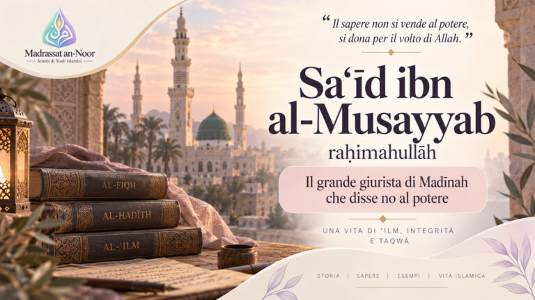 Illustrazione dedicata a Saʿīd ibn al-Musayyab, grande giurista dei Tābiʿīn di Madīnah, con libri di fiqh e hadith davanti alla Moschea del Profeta ﷺ.