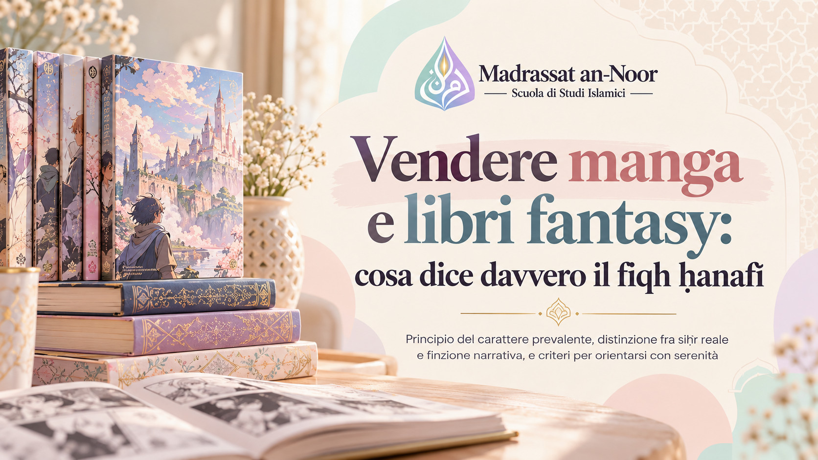 Cover dell’articolo “Vendere manga e libri fantasy: cosa dice davvero il fiqh ḥanafī”, con manga e libri fantasy in una biblioteca dai colori pastello di Madrassat an-Noor.